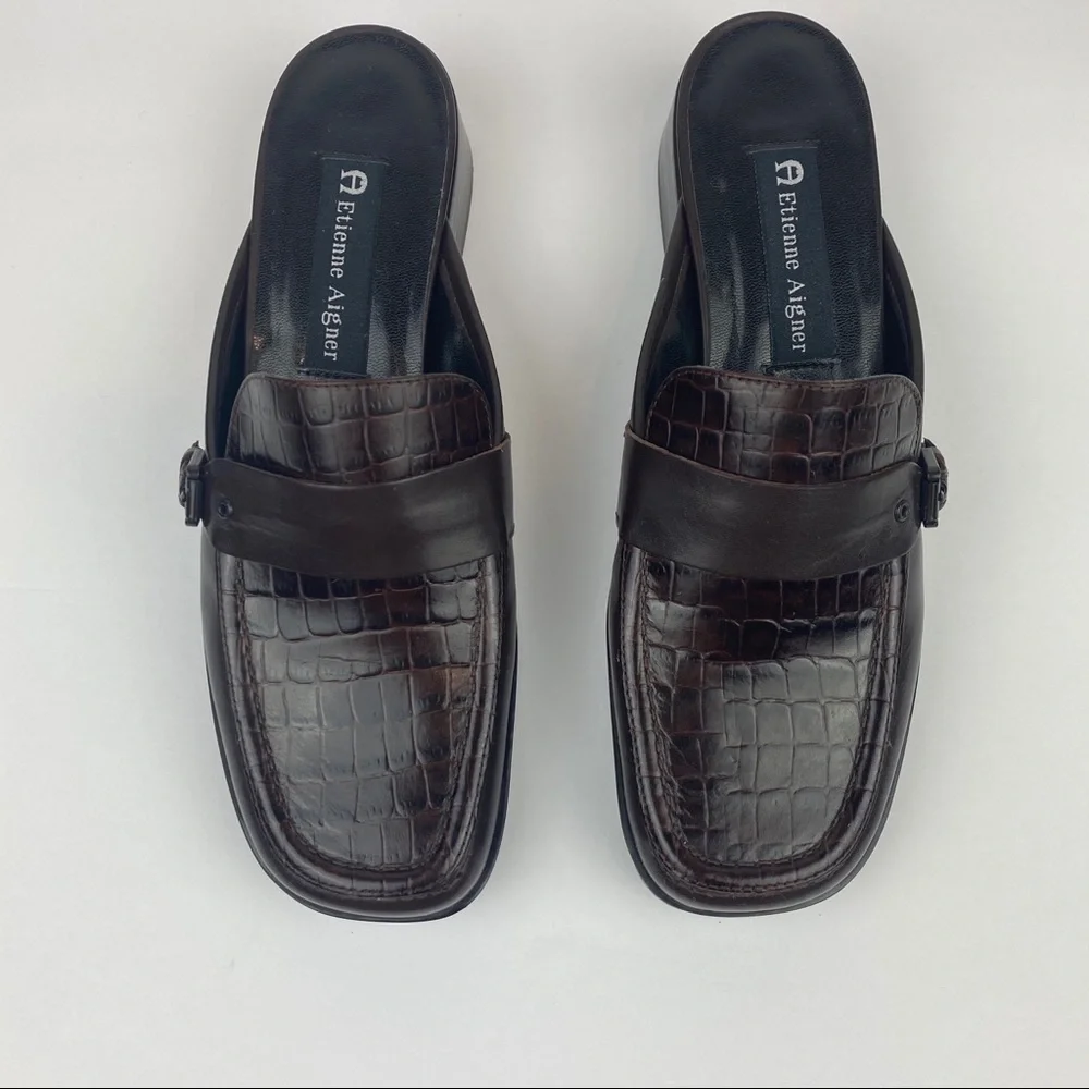 Etienne Aigner Dark Brown Croc-Embossed Leather Mule Loafers